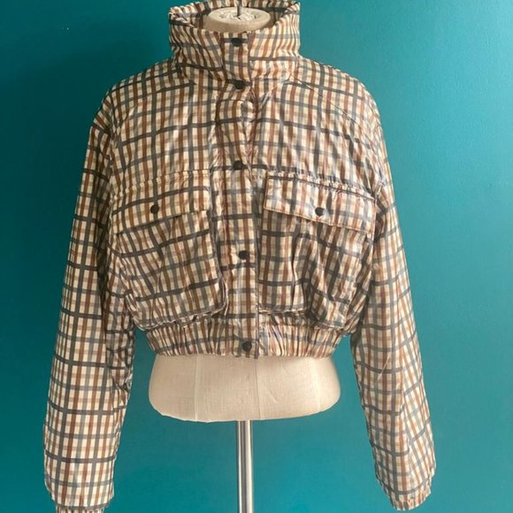 Zara Puffy Cropped Bomber Jacket SMALL Checked Tan Brown Women's - Picture 1 of 9